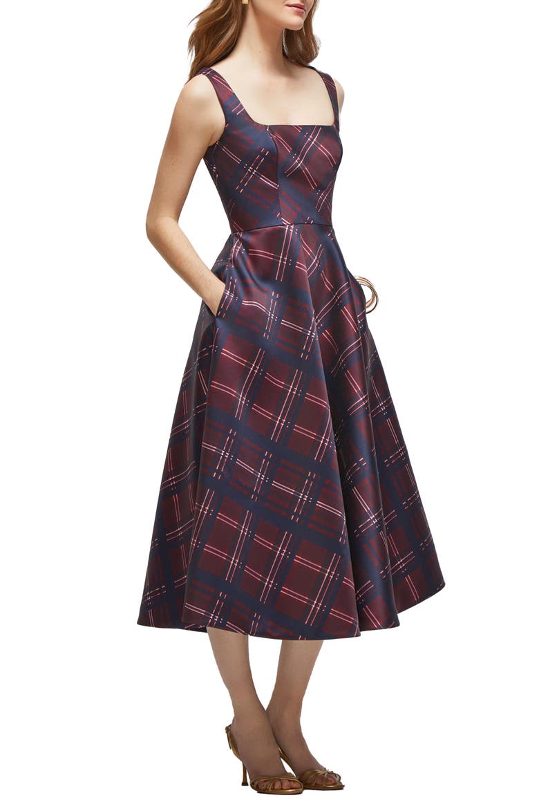 Alba Tartan Square Neck Midi Cocktail Dress, Alternate, color, CABERNET MIDNIGHT