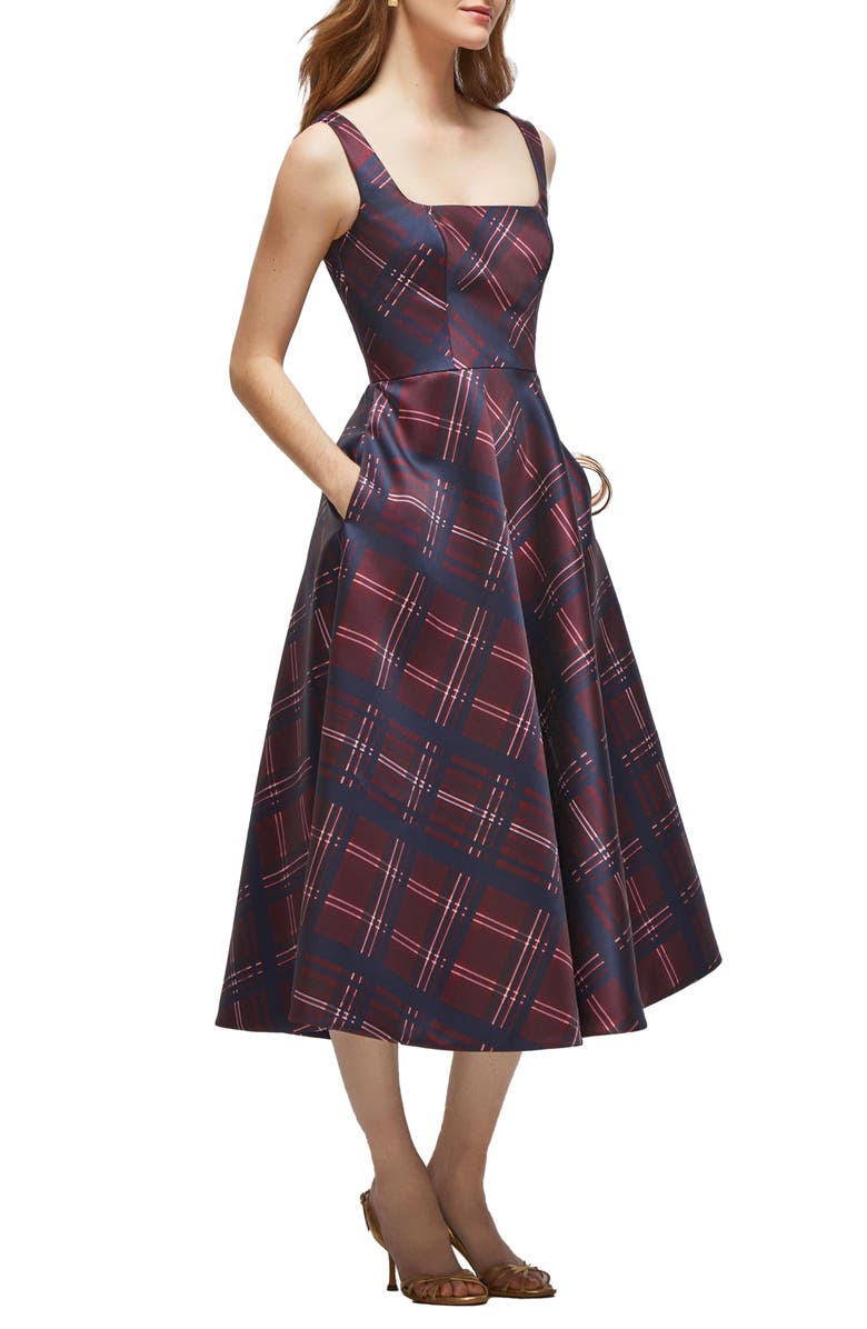 Dessy Collection Alba Tartan Square Neck Midi Cocktail Dress, Alternate, color, Cabernet Midnight