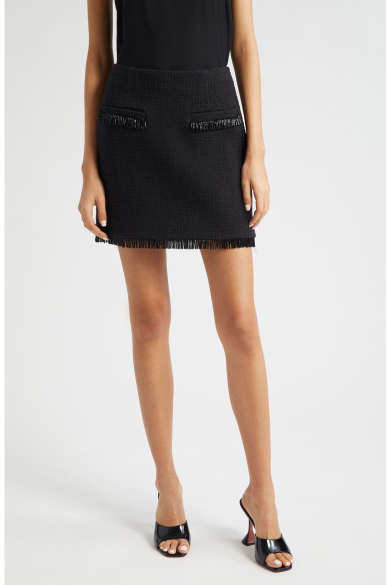 Kimmie Crystal Fringe Cotton Tweed Miniskirt, Main, color, BLACK