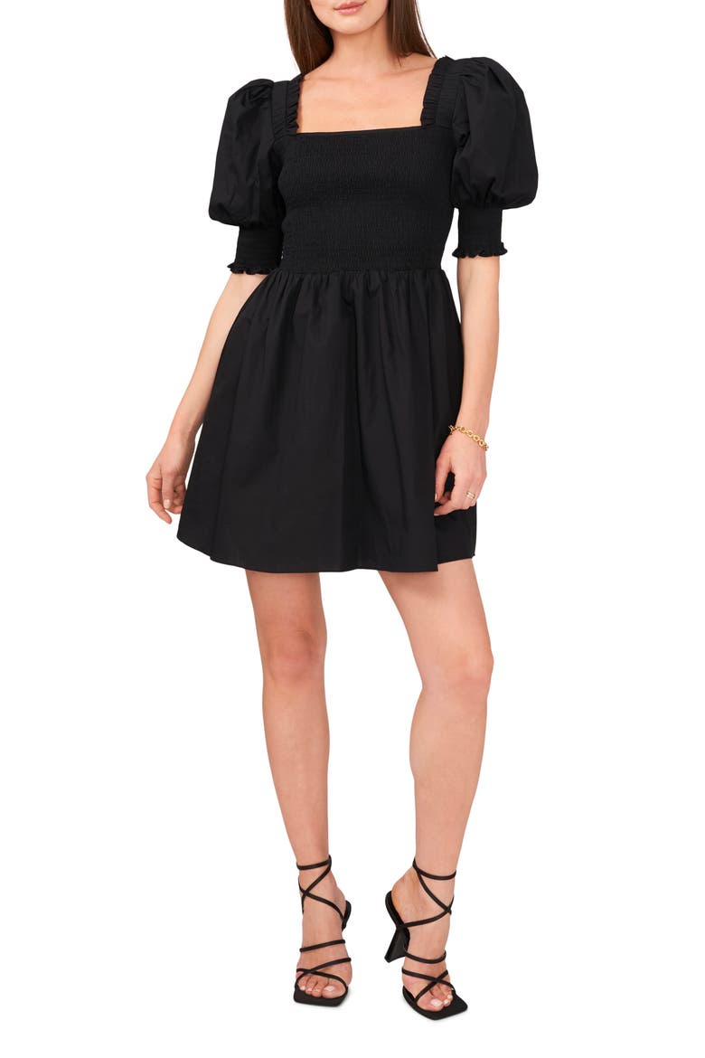 Puff Sleeve Cotton Poplin Minidress, Main, color, RICH BLACK