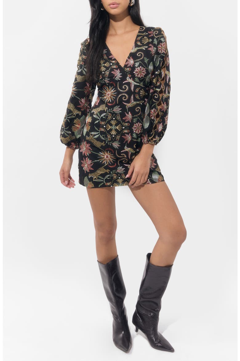 Juno Embroidered Blouson Sleeve Minidress, Alternate, color, BLACK