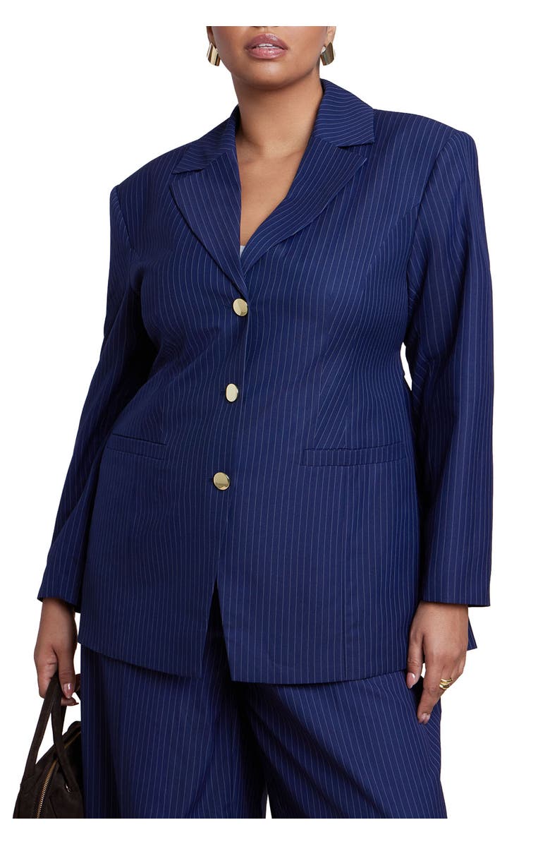 ELOQUII Nipped Waist Blazer With Back Adjuster, Main, color, Navy Pinstripe