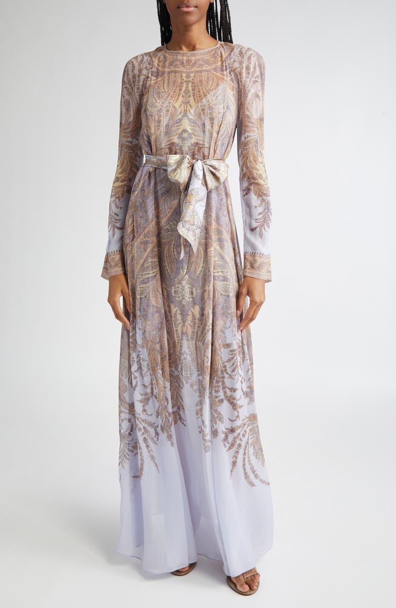 Zimmermann Hypnotic Paisley Long Sleeve Belted Maxi Dress, Main, color, Lilac Paisley