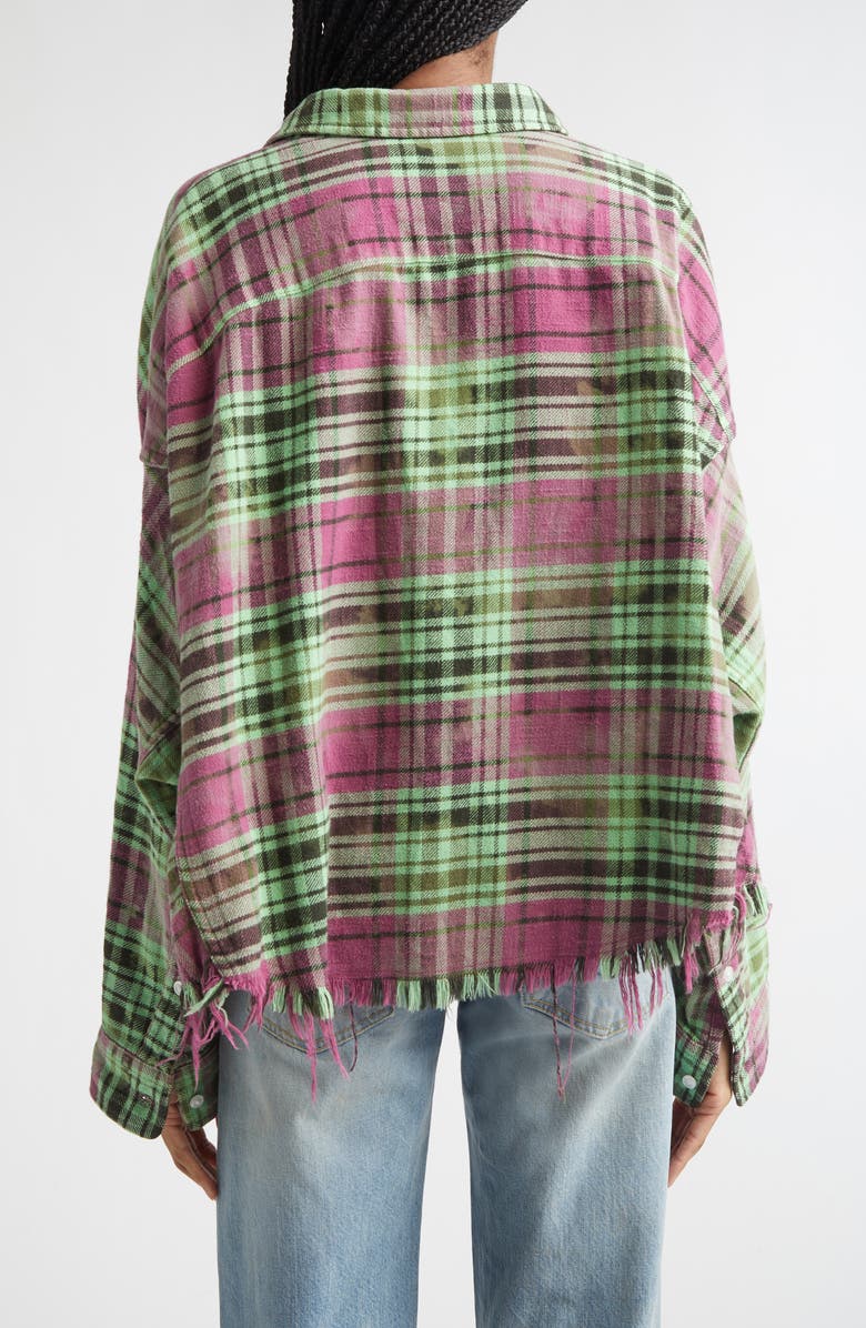 R13 Oversize Fray Hem Plaid Button-Up Crop Work Shirt, Alternate, color, Pink Overdyed Green Plaid