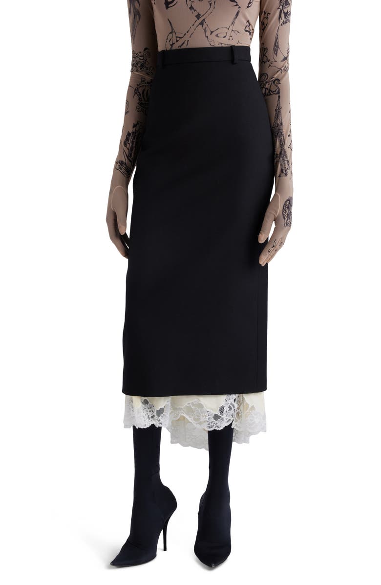 Balenciaga Lingerie Lace Wool Gabardine & Jersey Midi Skirt, Main, color,