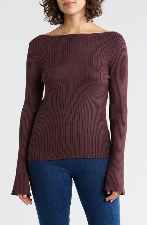 Boat Neck Flare Sleeve Sculpt Sweater