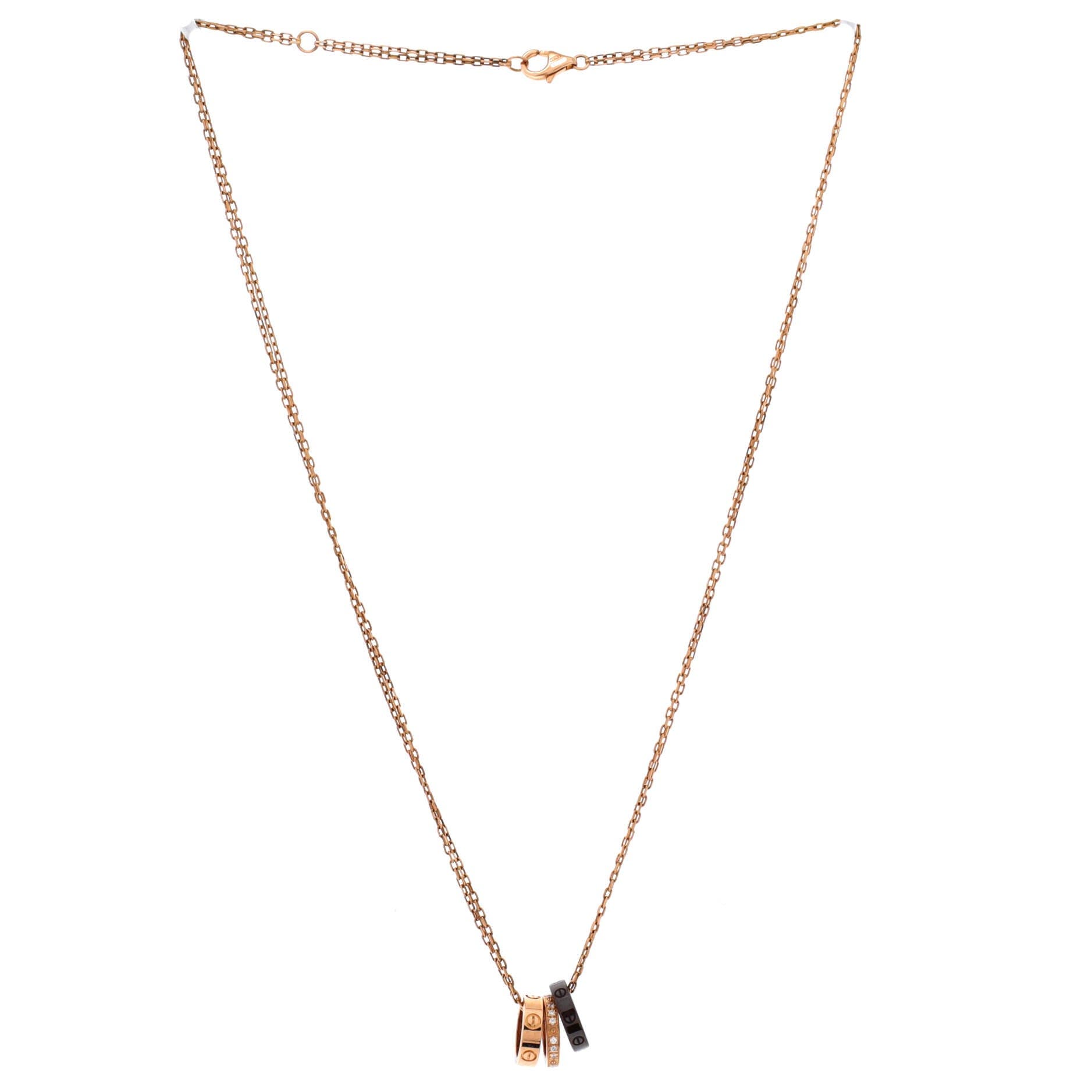 Love 3 Ring Pendant Necklace 18K Rose Gold and Ceramic with Diamonds, Alternate, color, Metallic Gold