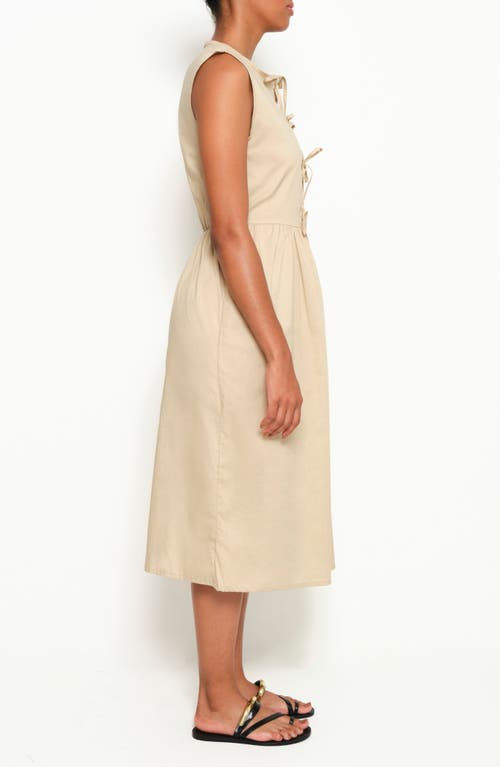 The Lulo Project Hortensia Tie Front Stretch Cotton Midi Dress In Camel
