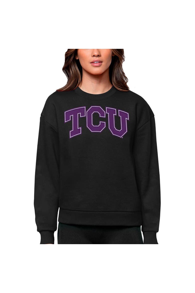 Women's Antigua Black TCU Horned Frogs Victory Crewneck Pullover Sweatshirt, Main, color, Black