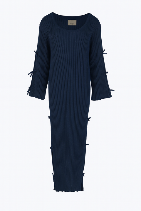 Golden Moccha Bow  Knit Dress Long Sleve