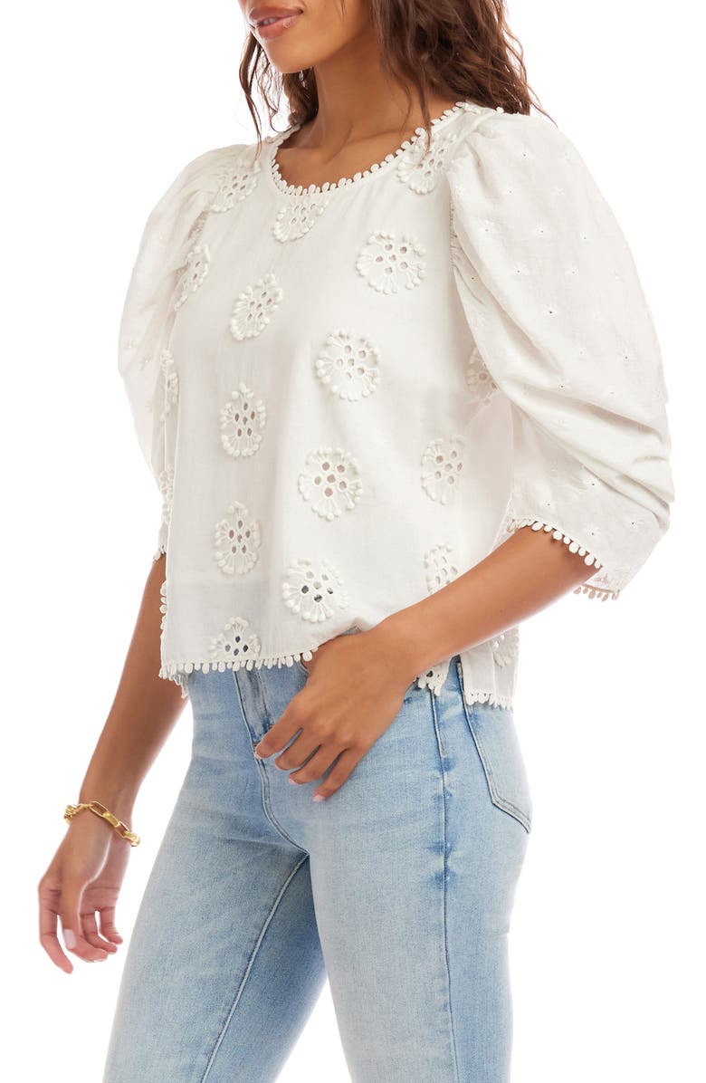 Karen Kane Embroidered Eyelet Cotton Puff Sleeve Top, Alternate, color, Off White