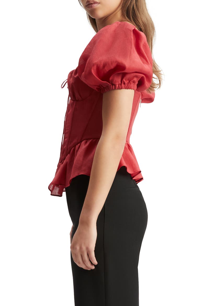 Esra Puff Sleeve Ramie Corset Top, Alternate, color, FIRE RED