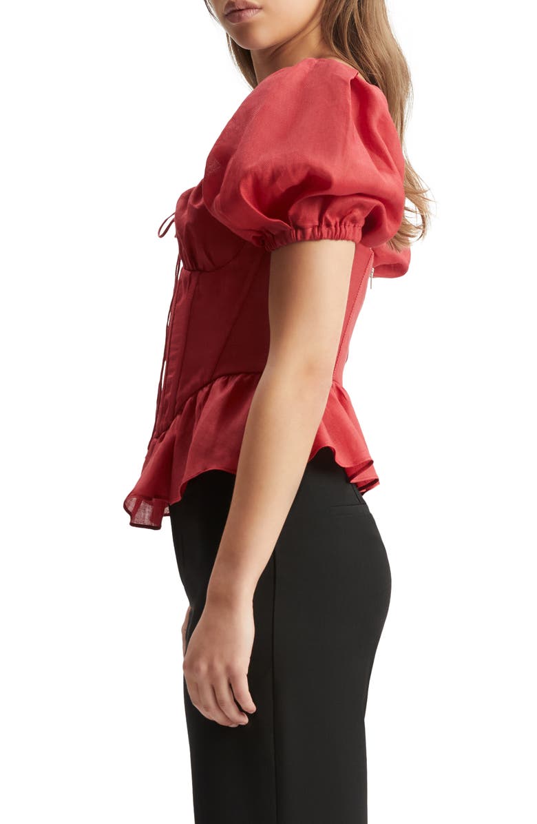 Bardot Esra Puff Sleeve Ramie Corset Top, Alternate, color, Fire Red