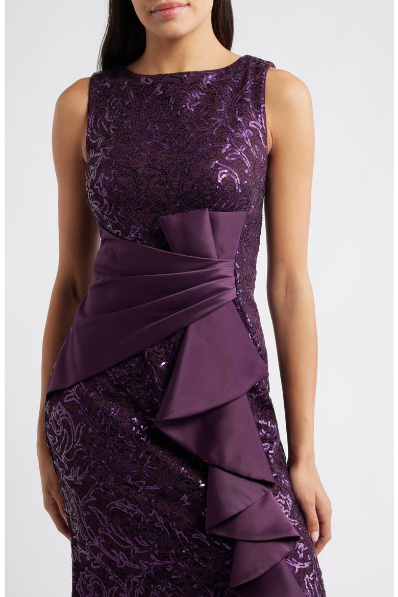 Sequin Ruffle Sleeveless Lace Trumpet Gown, Alternate, color, PLUM