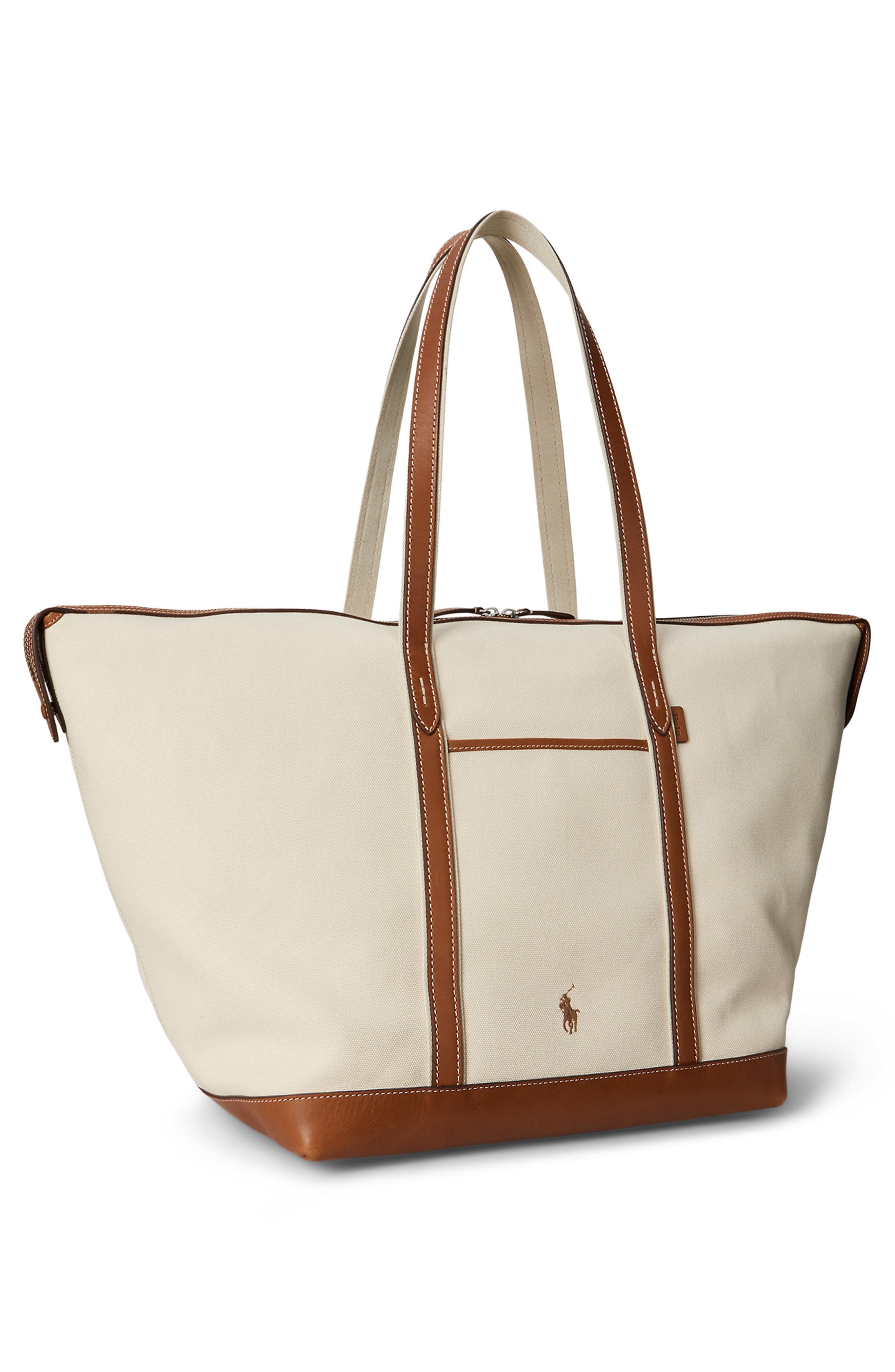 Polo Ralph Lauren Large Leather Trim Canvas Shopper Tote, Alternate, color, Ecru/ Cuoio