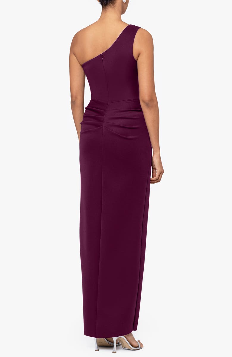 Xscape Evenings One-Shoulder Ruffle Scuba Knit Gown, Alternate, color, Wine