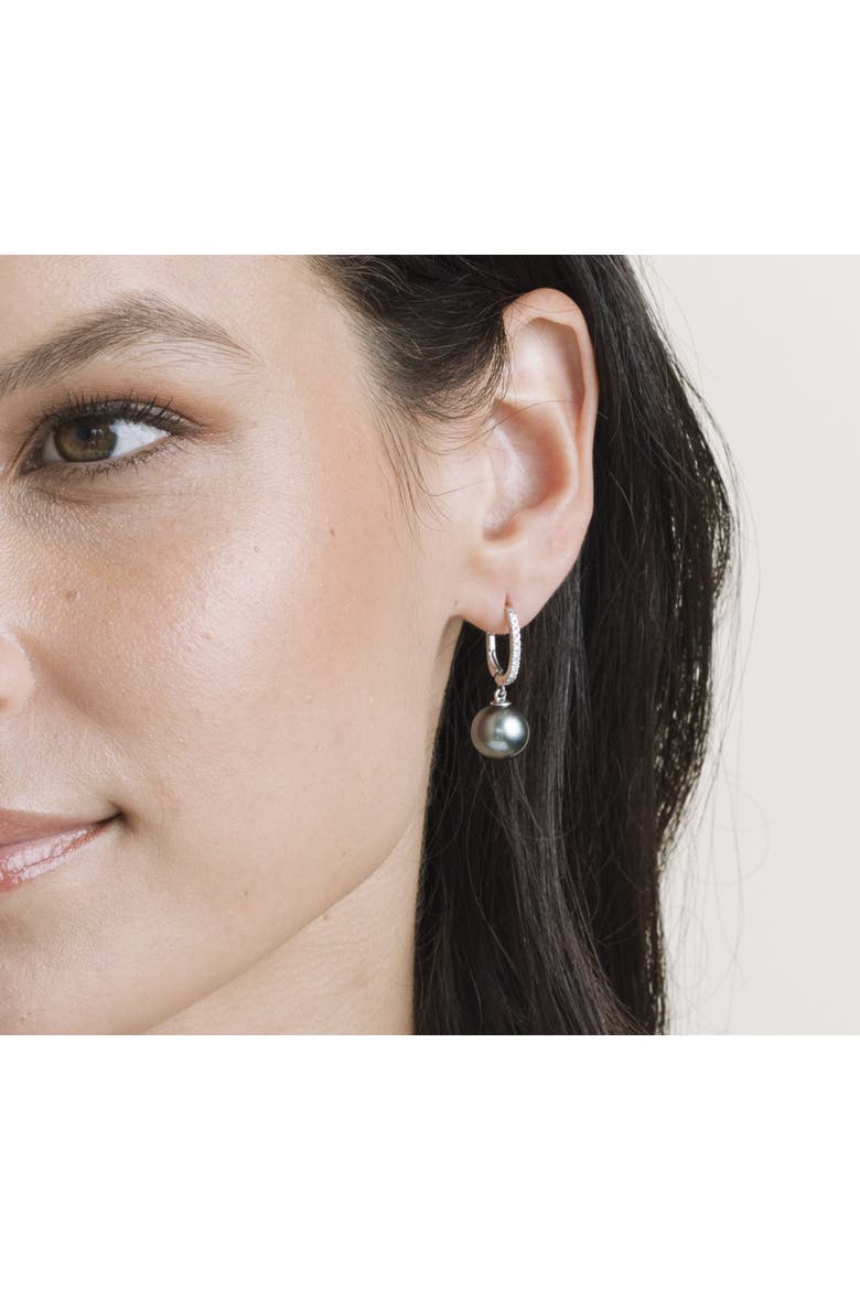 Tahitian South Sea Pearl & Diamond Huggie Aurora Leverback Earrings, Alternate, color, White Gold