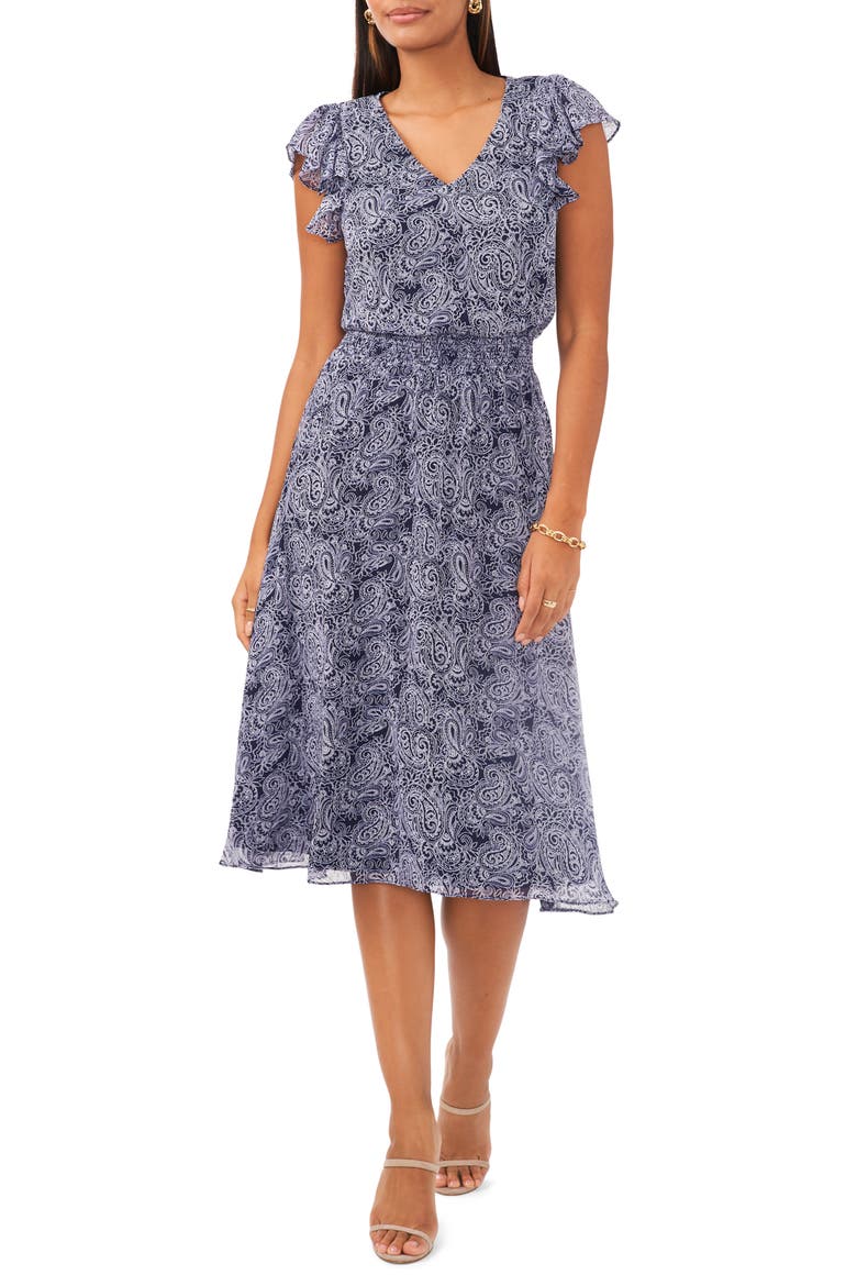 Paisley Smocked Waist Midi Dress, Main, color, NAVY/WHITE