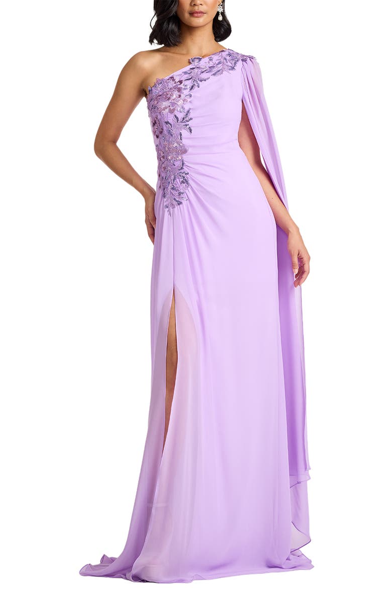 Tadashi Shoji Sequin Leaf Detail One-Shoulder Chiffon Gown, Main, color, 