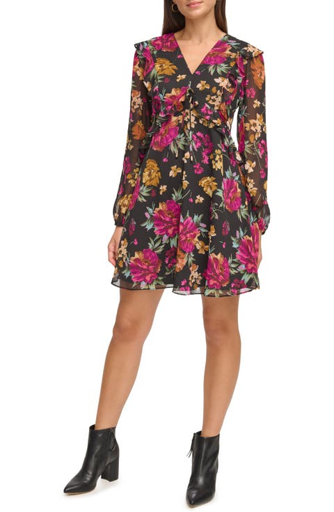 V-Neck Long Sleeve Floral Chiffon Shift Dress