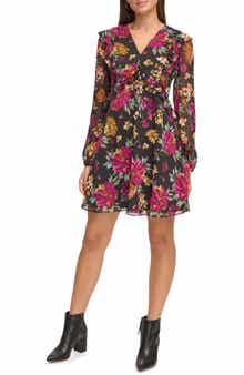 V-Neck Long Sleeve Floral Chiffon Shift Dress