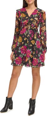 Kensie V-Neck Long Sleeve Floral Chiffon Shift Dress