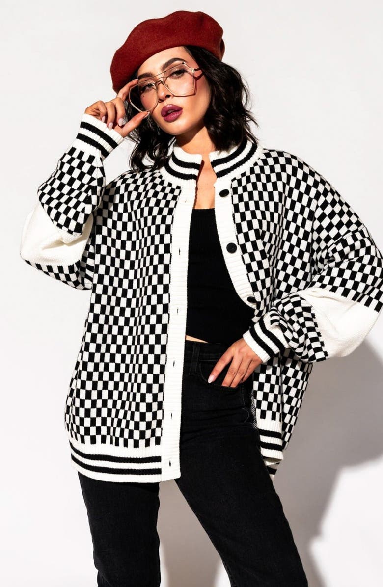 Dressed in Lala Get What I Want Grandpa Check Cardigan, Alternate, color, Black And White Check