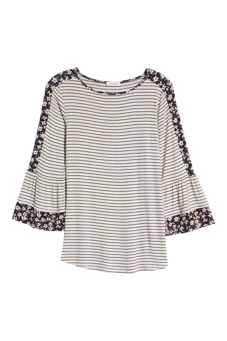 Floral Stripe Flounce Sleeve Top, Alternate, color, OATMEAL/ NAVY