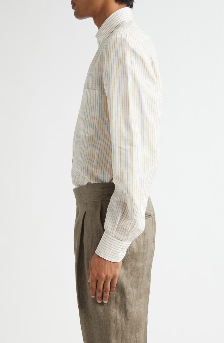 ISAIA Superlino Stripe Linen Button-Up Shirt, Alternate, color, White/ Yellow