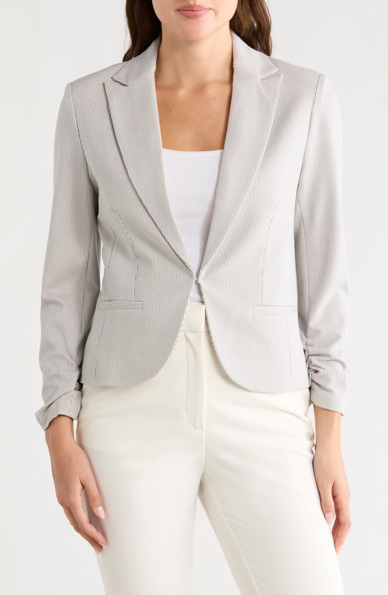 Amanda & Chelsea Stripe Scrunch Sleeve Jacket, Main, color, Tan/ White