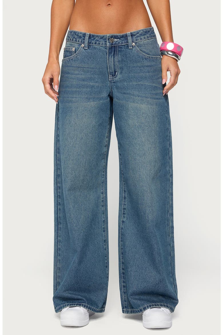 Contrast Stitch Low Rise Baggy Jeans, Main, color, MEDIUM-BLUE-WASHED