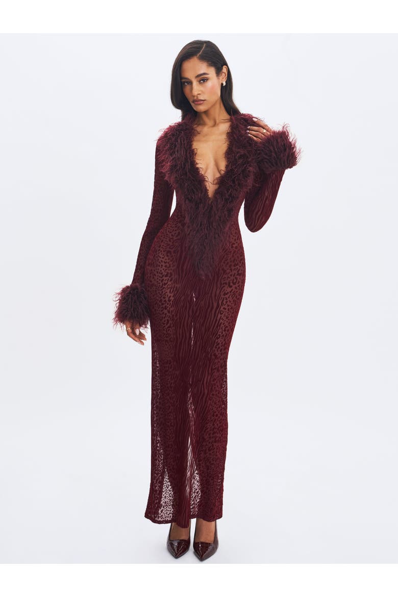 Luana Plunging Fur Trimmed Crochet Maxi Dress, Alternate, color, Burgundy