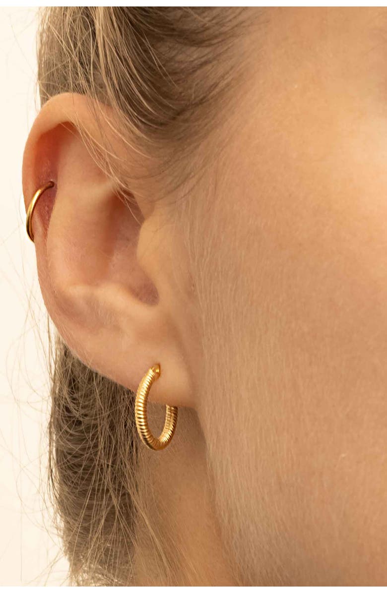 Oradina 18K Yellow Gold Ribbed Mini Hoops, Alternate, color, Yellow Gold