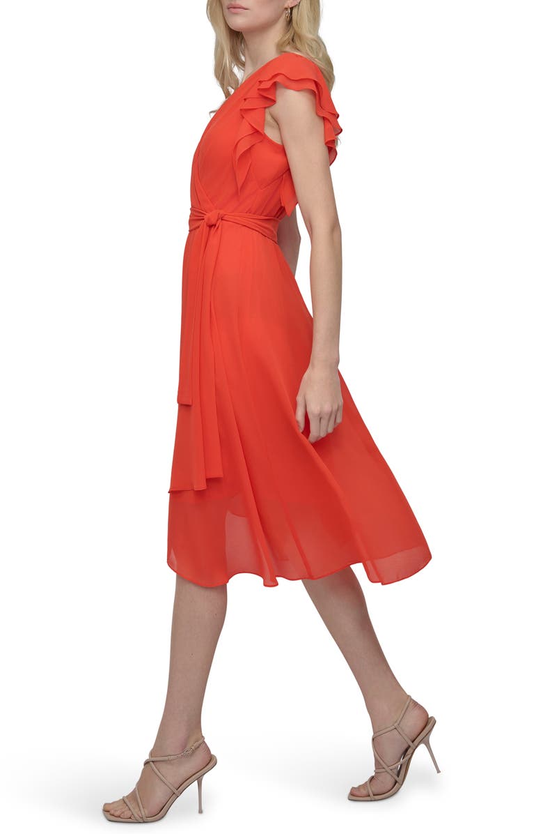 DKNY Ruffle Sleeve Faux Wrap Midi Dress, Alternate, color, 