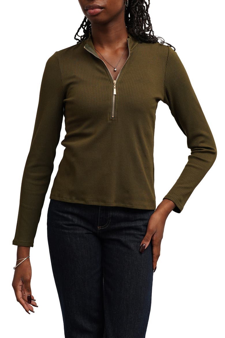 Quarter Zip Ribbed Top, Main, color, DARK OLIVE