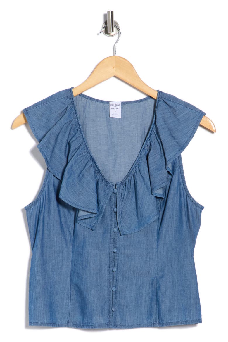 Ruffle V-Neck Chambray Top, Alternate, color, MEDIUM WASH