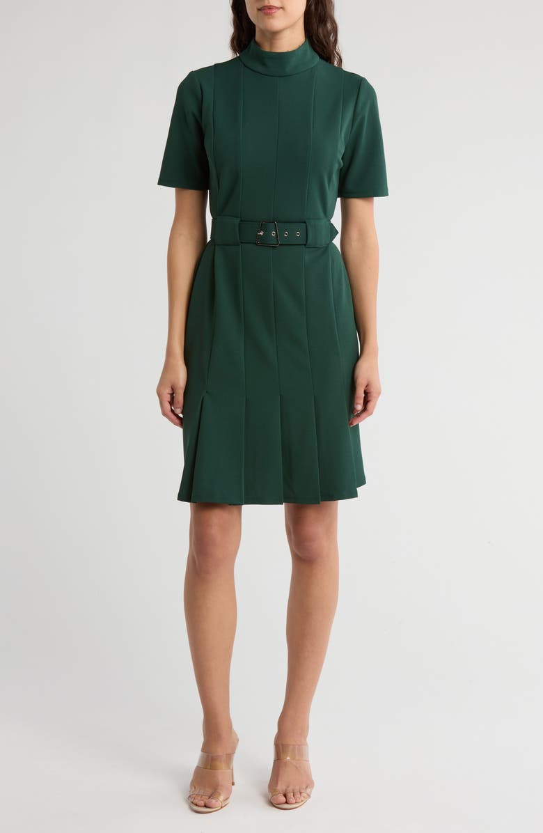 London Times Mock Neck Belted Pleated Scuba Crepe Dress, Main, color, Pine
