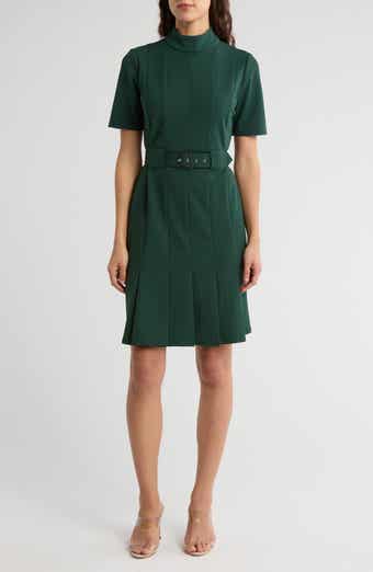London Times Mock Neck Belted Pleated Scuba Crepe Dress