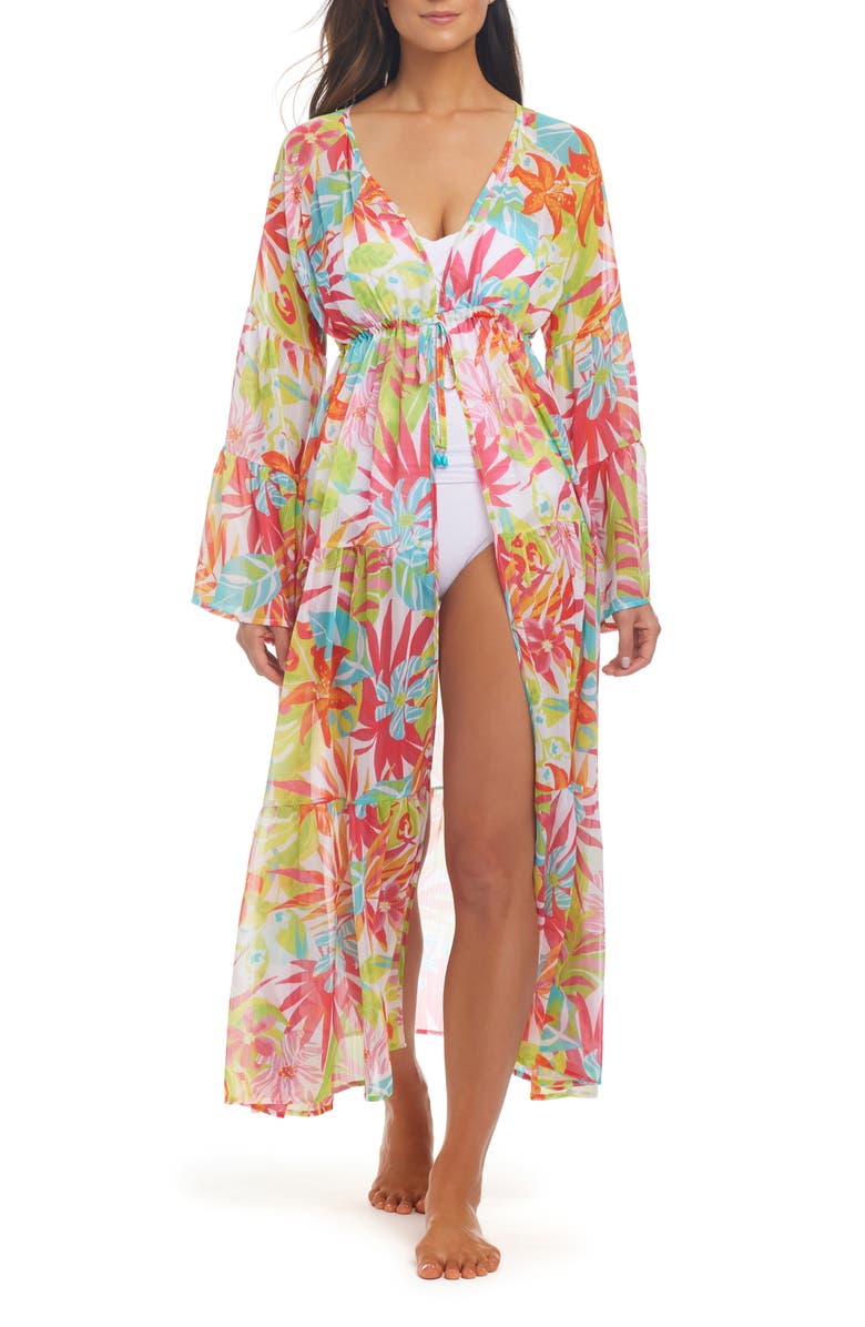 BLEU by Rod Beattie Floral Long Sleeve Crinkle Chiffon Cover-Up Robe, Main, color, 
