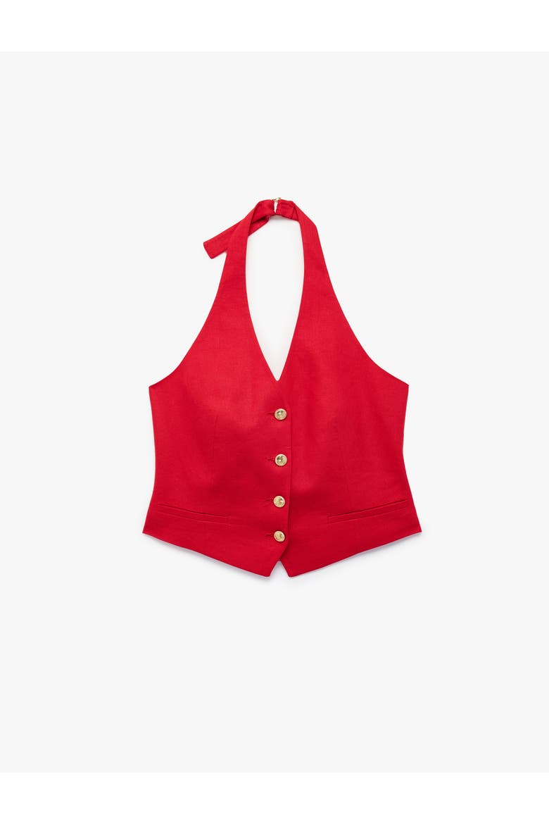 Linen Blend Halter Neck Button Vest, Alternate, color, RED