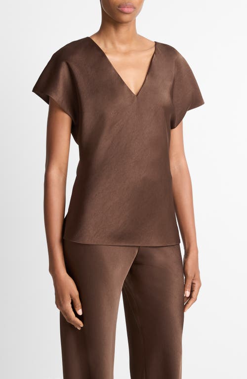 Vince Essential Cap Sleeved V Neck Blouse In Brown
