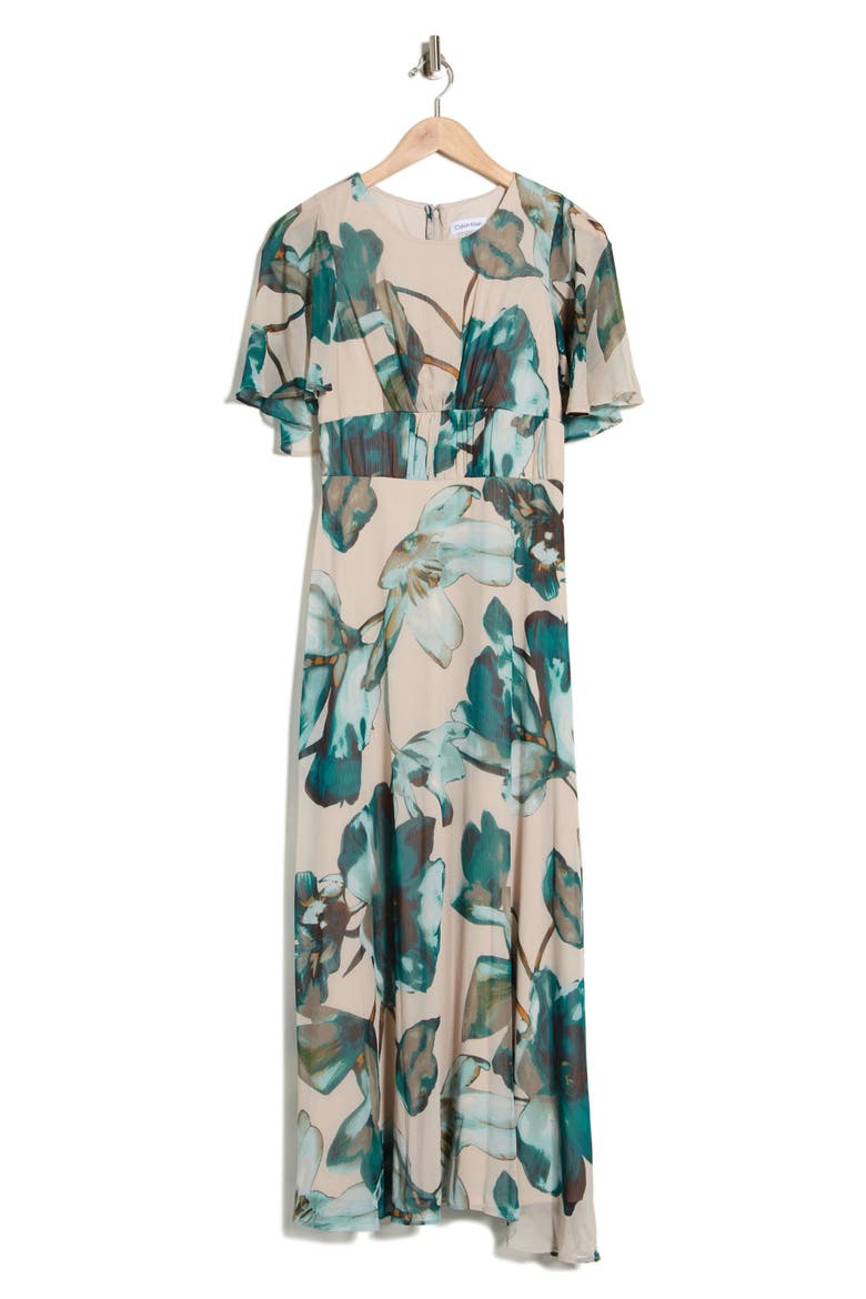 calvin klein floral chiffon maxi dress Floral Maxi Dress / Calvin Klein / White / Orange / Print / Resort / Modern  Vintage / Size US 6 / UK 10