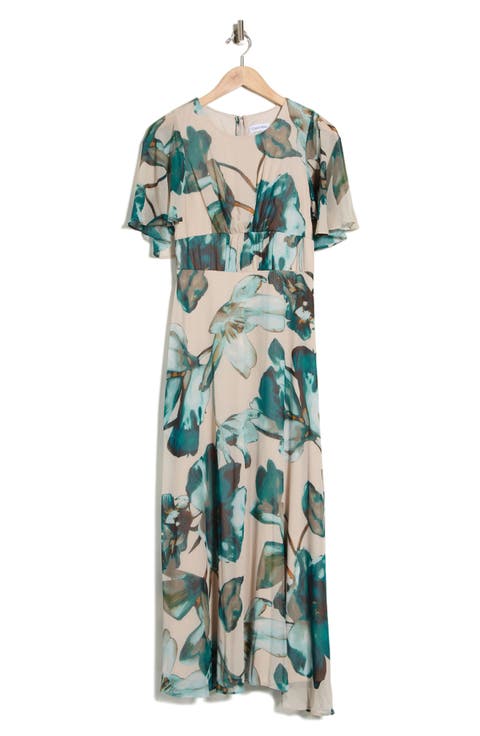 Floral Cape Sleeve Chiffon Maxi Dress