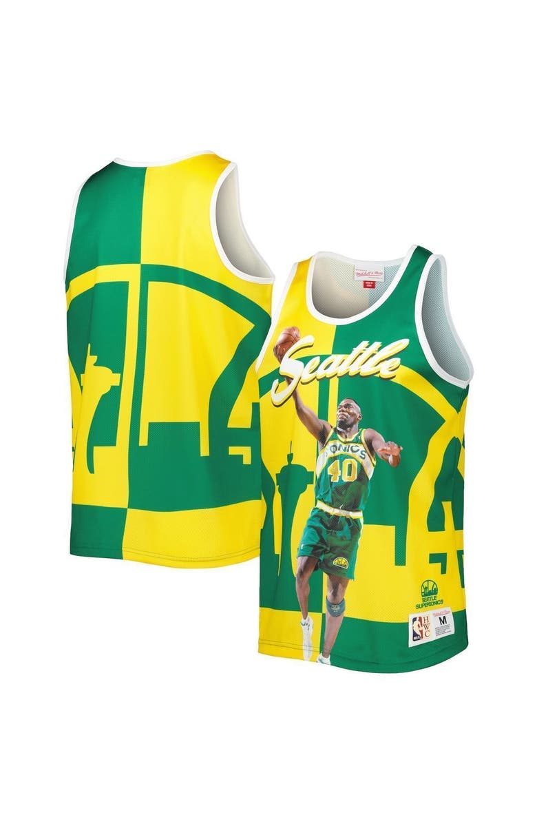 Mitchell & Ness Men's Mitchell & Ness Shawn Kemp Green/Gold Seattle SuperSonics Sublimated Player Tank Top, Main, color, 