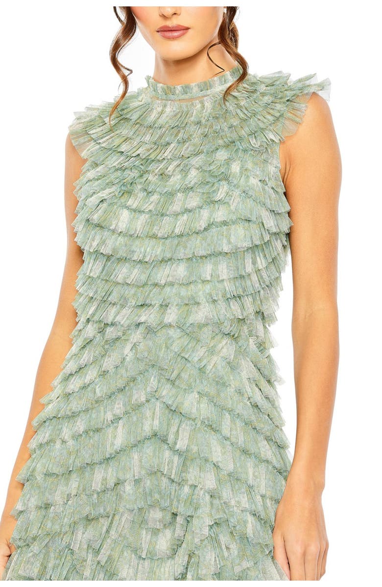 Mac Duggal Floral Ruffle Tiered Mesh Mock Neck Sleeveless Dress, Alternate, color, Green Multi