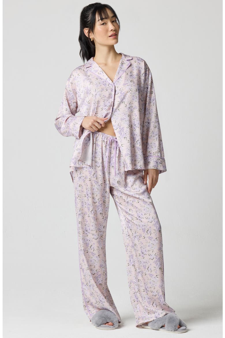 Drawstring Waist Satin Pajama Pants, Alternate, color, LAVENDER BOUQUET
