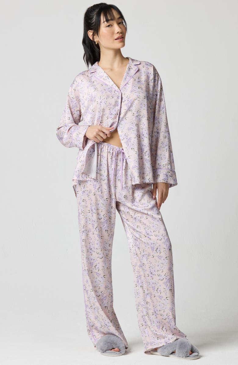 Florence by Mills Drawstring Waist Satin Pajama Pants, Alternate, color, Lavender Bouquet