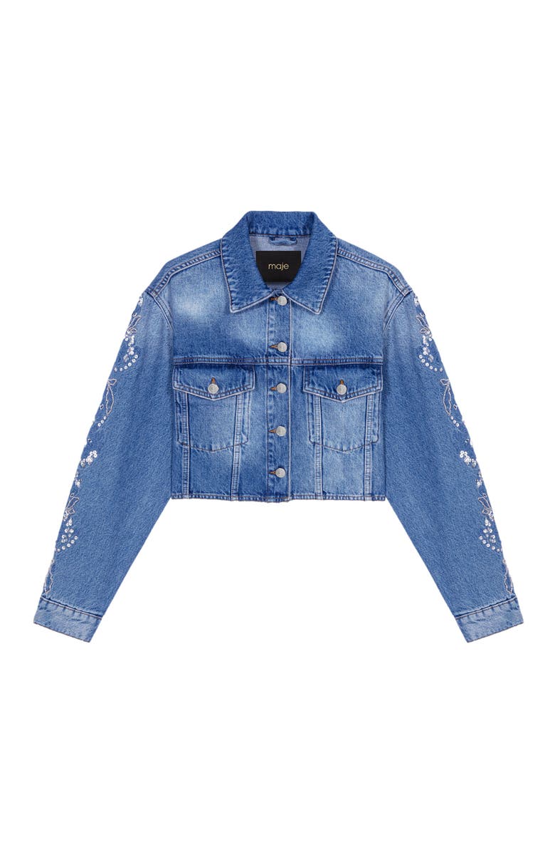 maje Embroidered denim jacket, Alternate, color, 
