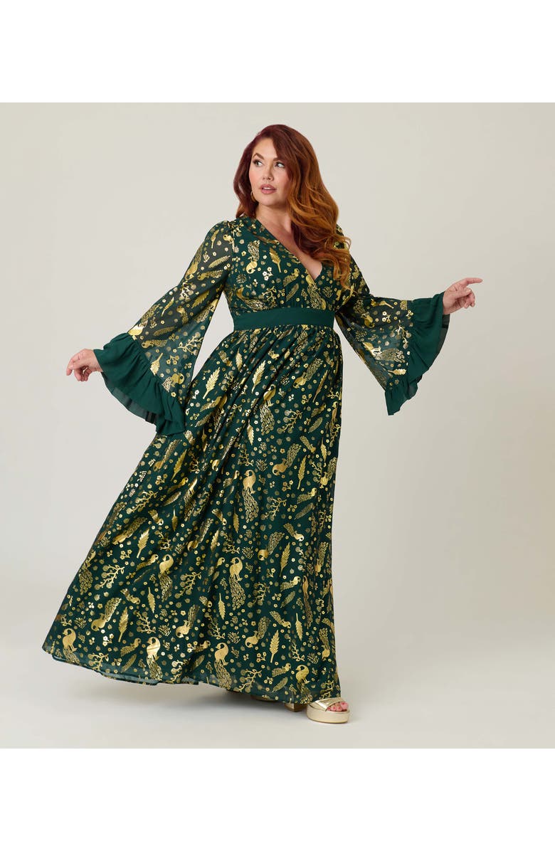Unique Vintage Plus Size Long Sleeve Empire Waist Maxi Dress, Alternate, color, Green & Gold