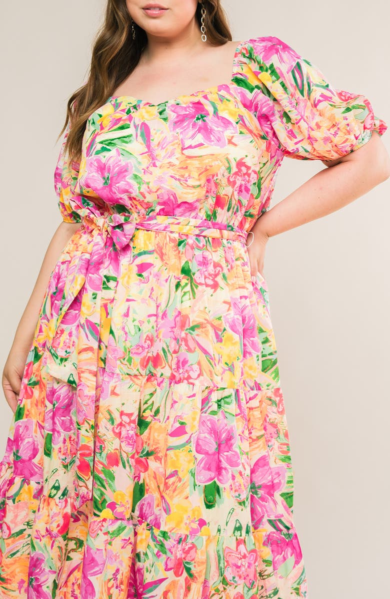 FLYING TOMATO Printed Tie Waist Tiered Maxi Dress, Alternate, color, Ivory Fuchsia